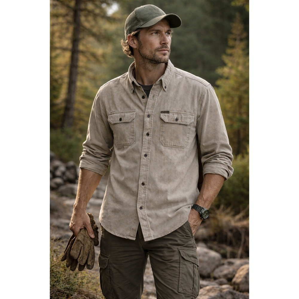 Woolrich Vintage Mens Corduroy Long Sleeve Button Up Shirt Khaki Outdoor Size L